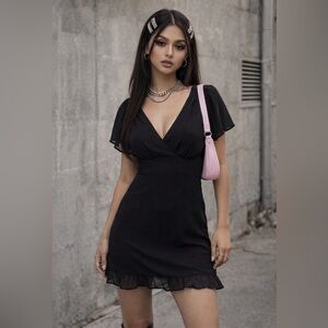 Abercrombie Y2K Black Mini Dress Sheer Flutter Sleeves V-Neck Trendy Party XS